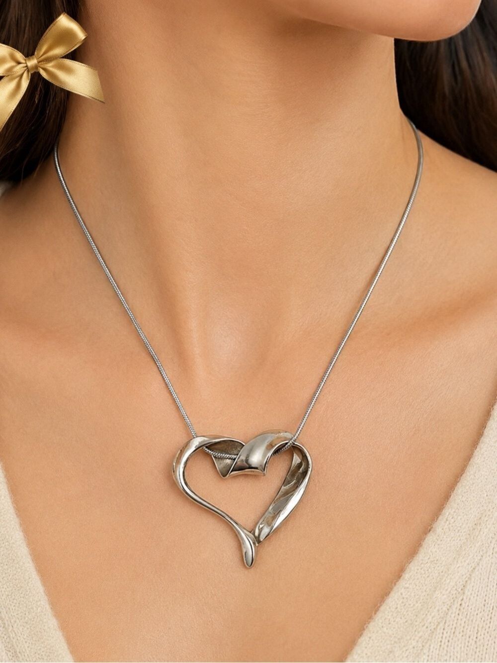 Sterling Silver Sculpted Twisted Floating Open Heart Pendant Necklace